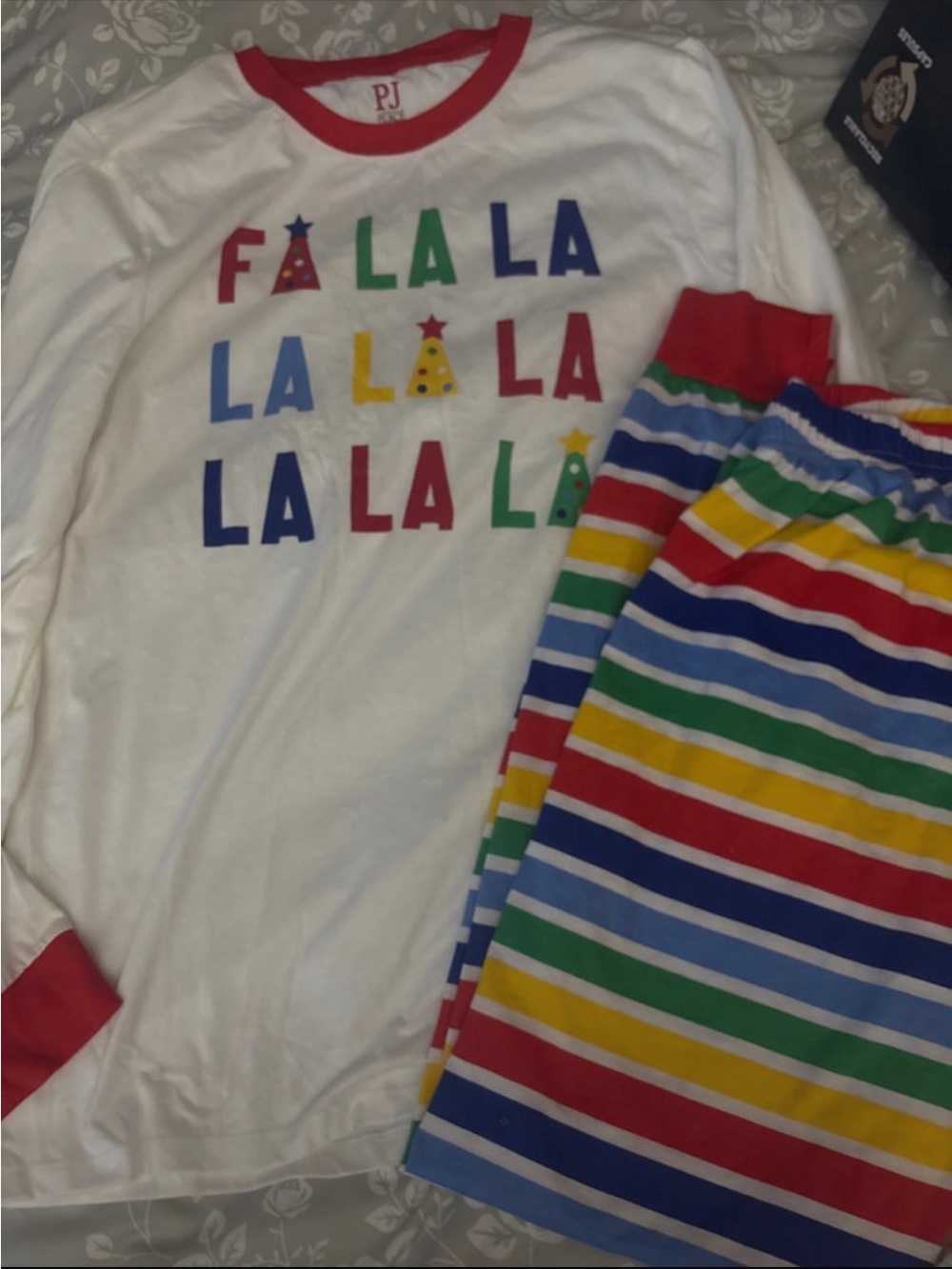 PJ Place womenWhite Holiday 'Fa La La' Pajama Set with Red, Blue, Green & Yellow